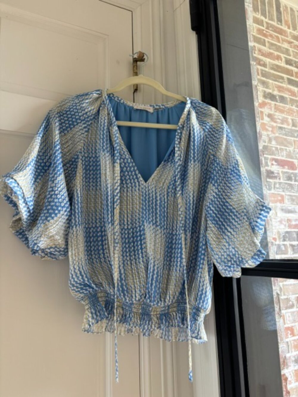 Ramy Brook Blue Cream Geometric Print Flutter Sleeve Blouse -Size M